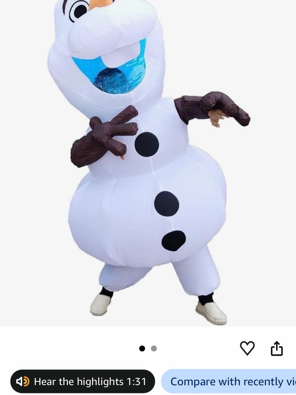 Inflatable Olaf from Froze Snowman adult Costume - White